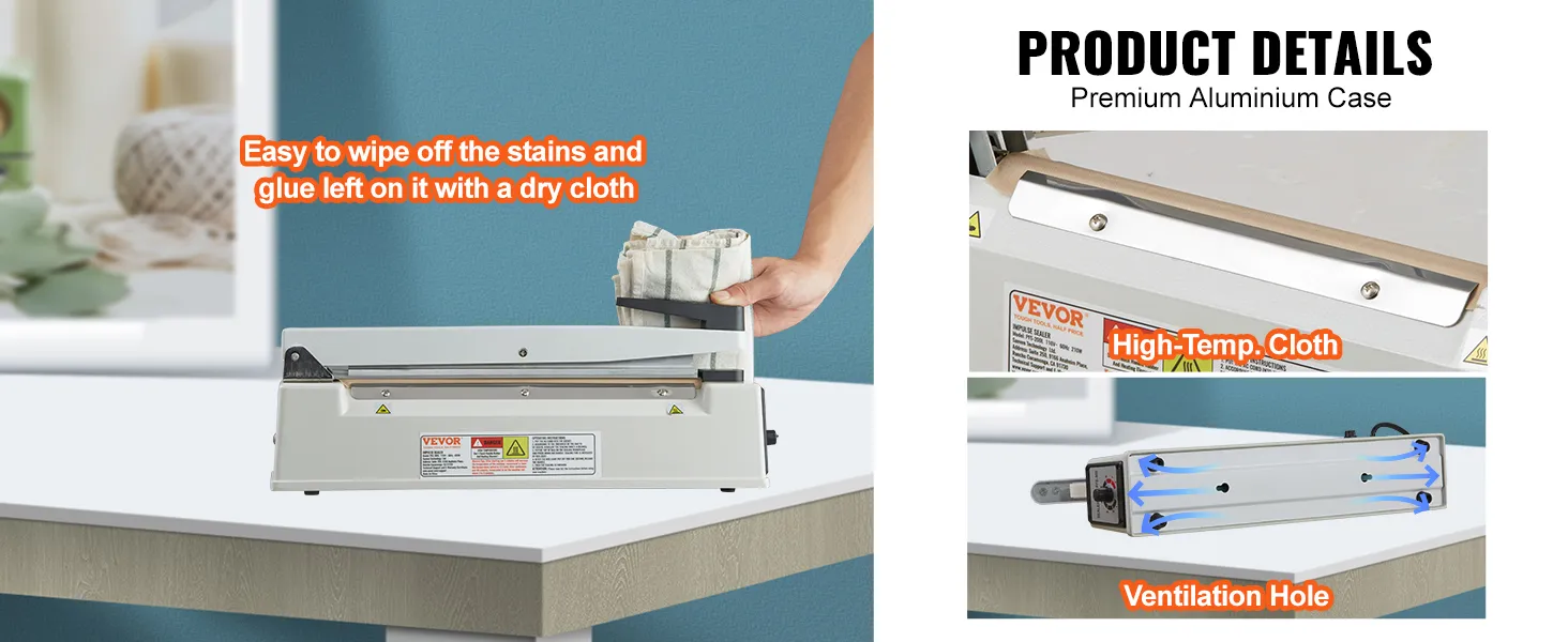 VEVOR impulse sealer with premium aluminium case, easy to clean, high-temp cloth, ventilation hole.