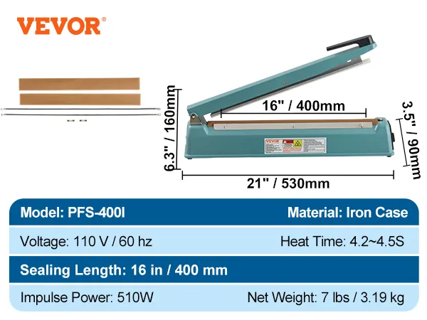VEVOR impulse sealer pfs-400i, iron case, 16in sealing length, 510w, 110v, 7lbs. dimensions: 21"x6.3"x3.5".
