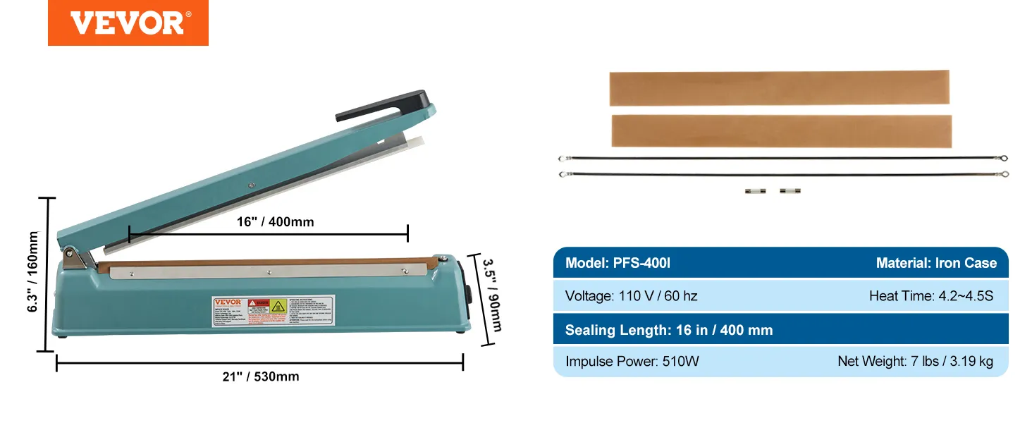 VEVOR impulse sealer pfs-400i, iron case, 16in sealing length, 510w, 110v, 7lbs. dimensions: 21"x6.3"x3.5".