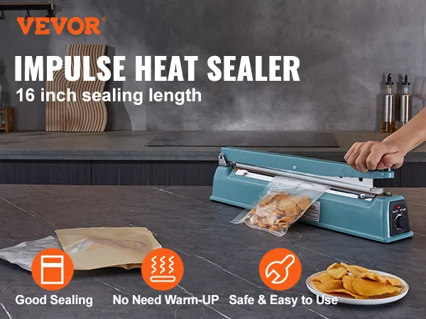 VEVOR impulse sealer with 16-inch length, sealing potato chips on a countertop.