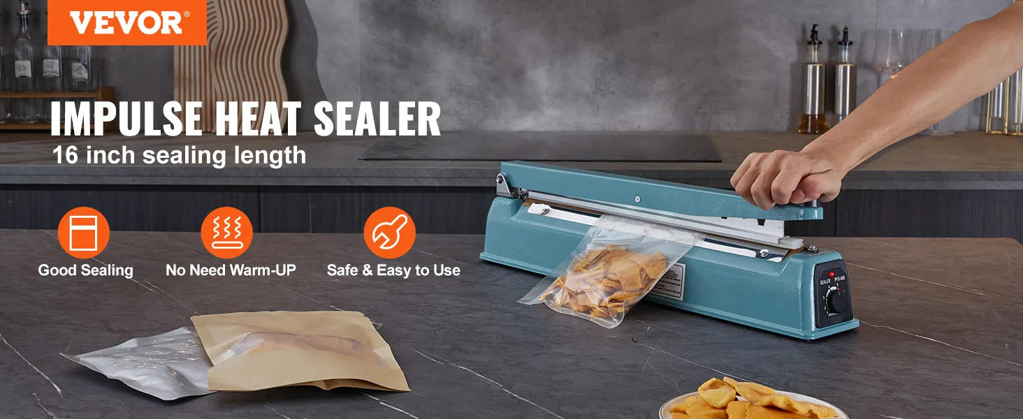 VEVOR impulse sealer with 16-inch length, sealing potato chips on a countertop.