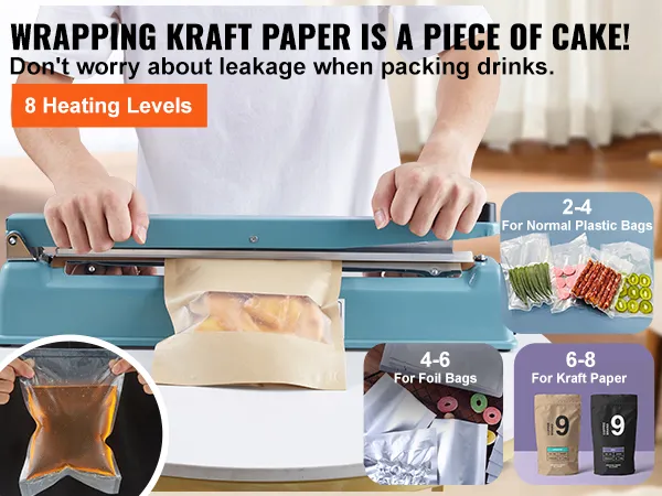 VEVOR impulse sealer sealing kraft paper with 8 heating levels, ideal for wrapping and preventing leakage.