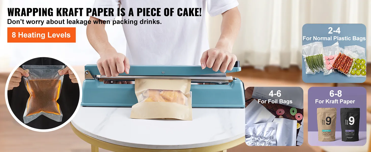 VEVOR impulse sealer sealing kraft paper with 8 heating levels, ideal for wrapping and preventing leakage.