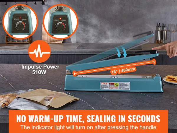 VEVOR impulse sealer with 510w power, no warm-up needed, 16-inch sealing length, and user-friendly knob.