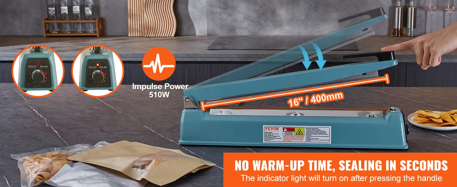 VEVOR impulse sealer with 510w power, no warm-up needed, 16-inch sealing length, and user-friendly knob.