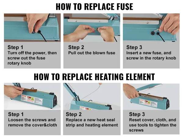 VEVOR impulse sealer instructions for replacing fuse and heating element with step-by-step visuals.