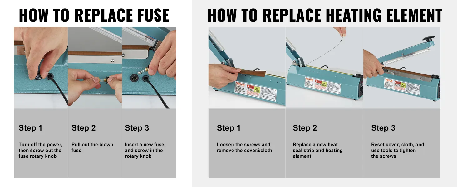 VEVOR impulse sealer instructions for replacing fuse and heating element with step-by-step visuals.