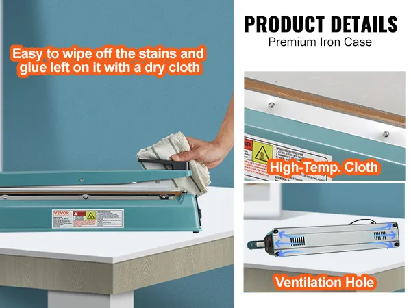 VEVOR impulse sealer with premium iron case, high-temp cloth, and ventilation holes, easy to clean.