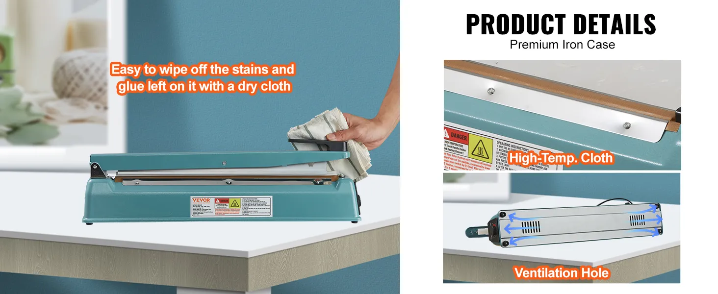 VEVOR impulse sealer with premium iron case, high-temp cloth, and ventilation holes, easy to clean.