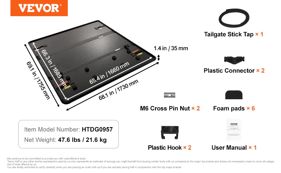 VEVOR tri-fold truck bed cover with dimensions and accessories including connectors, hooks, and manual.