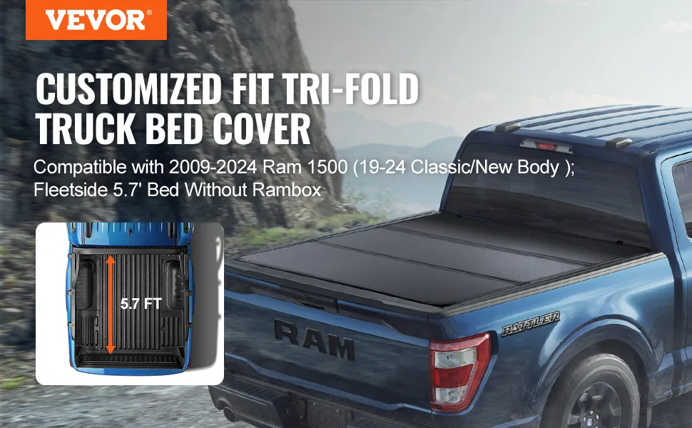 VEVOR tri-fold truck bed cover on a blue ram 1500, compatible with fleetside 5.7' bed.