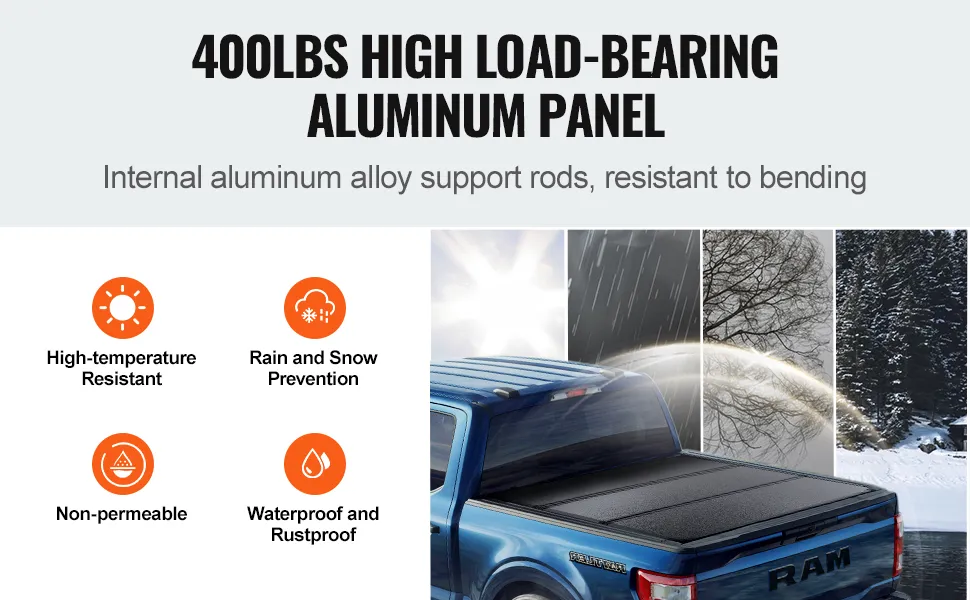 VEVOR tri-fold truck bed cover with aluminum panel, high load capacity, and weather resistance features.