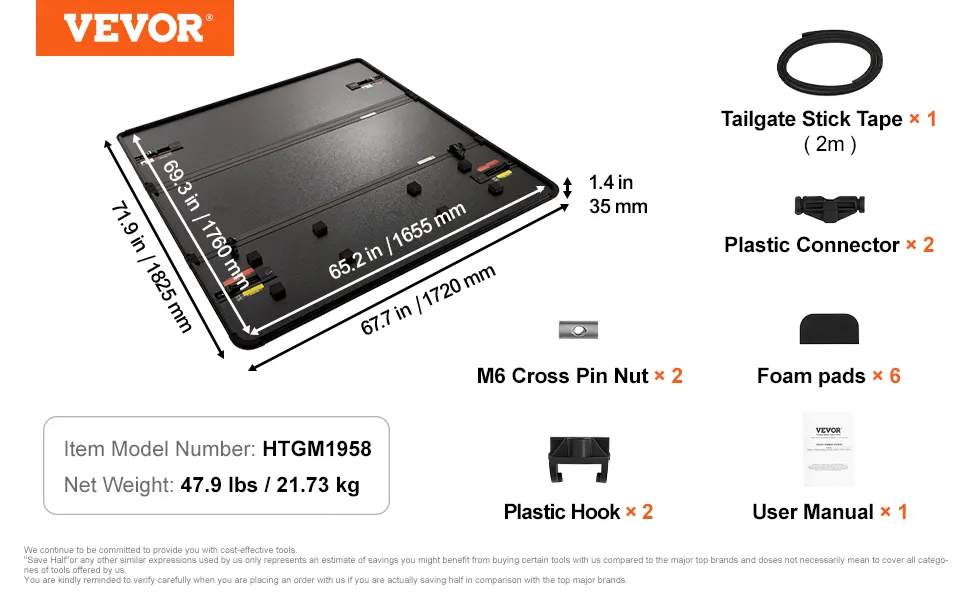 Osłona skrzyni ładunkowej VEVOR składana na trzy części z wymiarami, komponentami i szczegółami modelu.