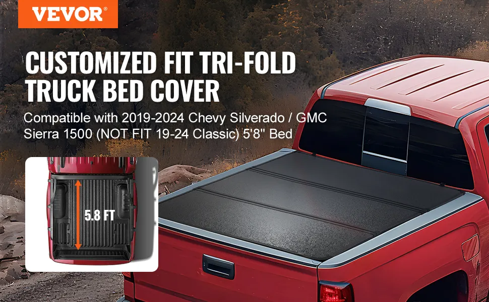 Pokrywa skrzyni ładunkowej VEVOR składana na trzy części, zamontowana w czerwonym Chevrolet Silverado o pojemności skrzyni ładunkowej 5,8 stopy.