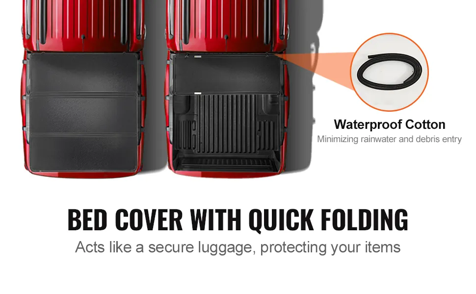 Pokrywa skrzyni ładunkowej VEVOR składana na trzy części, wykonana z wodoodpornej bawełny, zapewniająca bezpieczne przechowywanie ładunku.