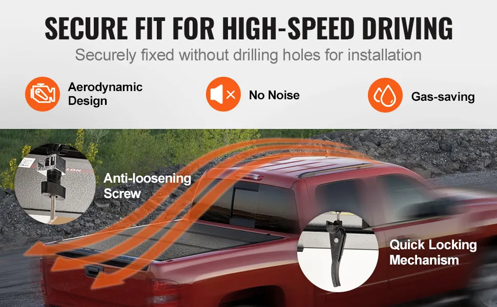 bezpieczna, składana na trzy części pokrywa skrzyni ładunkowej VEVOR o aerodynamicznym kształcie, ze śrubą zapobiegającą odkręcaniu się, szybkim mechanizmem blokującym, korzyściami w zakresie oszczędzania paliwa i brakiem hałasu.