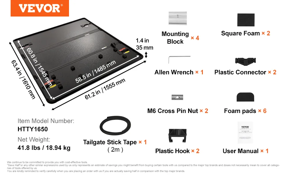 VEVOR tri-fold truck bed cover diagram with dimensions, model number, weight, and included accessories.