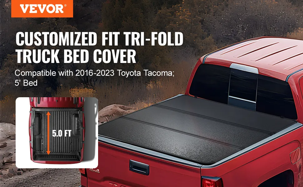 VEVOR tri-fold truck bed cover for 2016-2023 toyota tacoma, 5-foot bed, black cover on red truck.