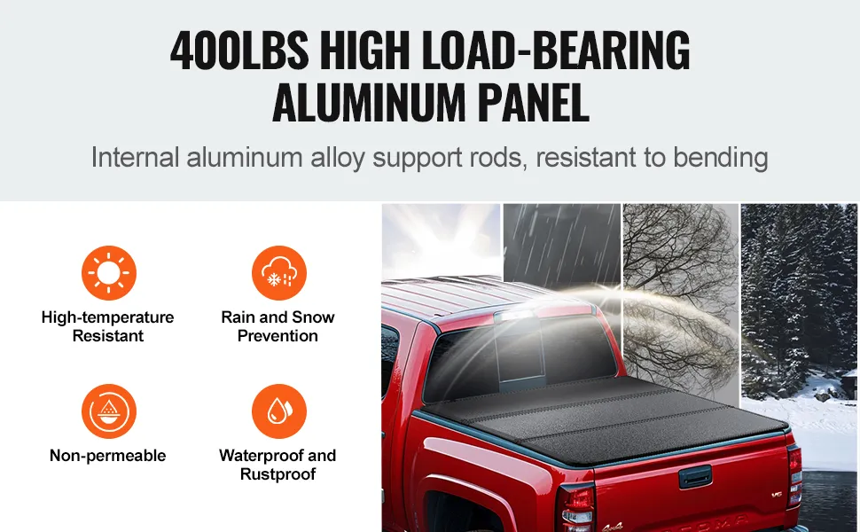 VEVOR tri-fold truck bed cover on red truck, showcasing durability, waterproof, non-permeable, and rustproof.