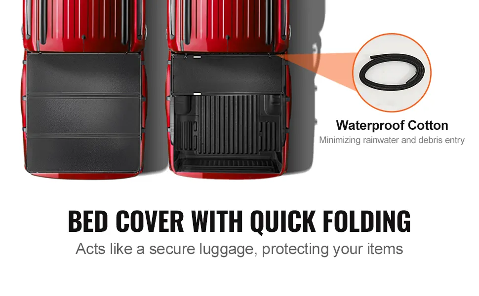 top view of a red truck showcasing the VEVOR tri-fold truck bed cover, with waterproof cotton detail.