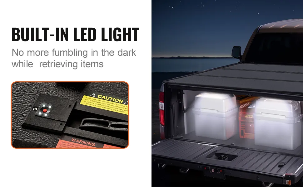 VEVOR tri-fold truck bed cover with built-in led light, showcasing organized storage in a truck bed at night.