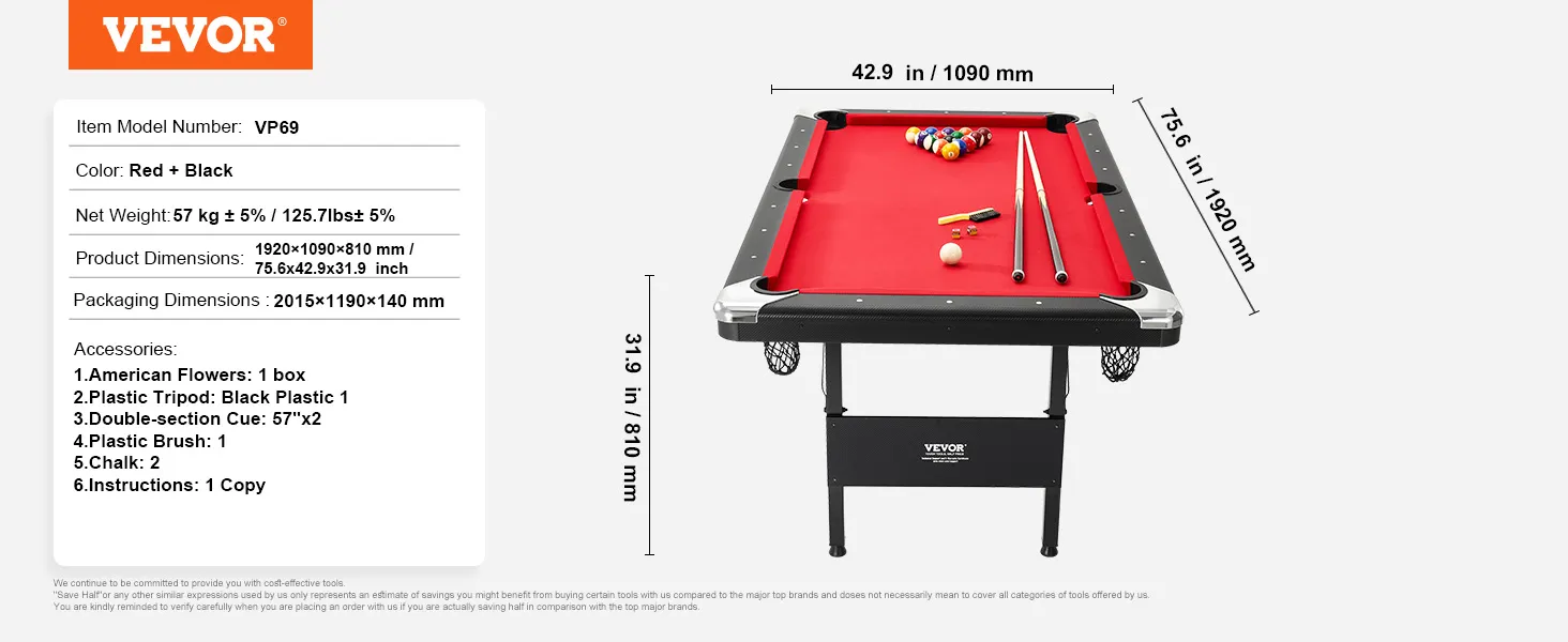 VEVOR biljarttafel met rood vilt, zwart frame, afmetingen, gewicht en accessoiredetails.