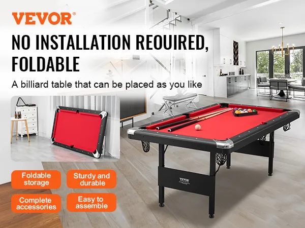 VEVOR biljarttafel, opvouwbaar, geen installatie nodig, stevig, compleet met accessoires met rode vilt.