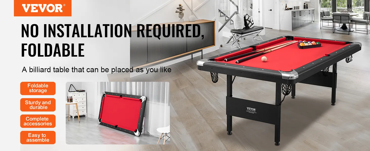 VEVOR biljarttafel, opvouwbaar, geen installatie nodig, stevig, compleet met accessoires met rode vilt.