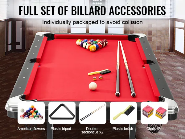 Rode VEVOR biljarttafel met volledige set accessoires, waaronder keuen, ballen, statief, borstel en krijt.
