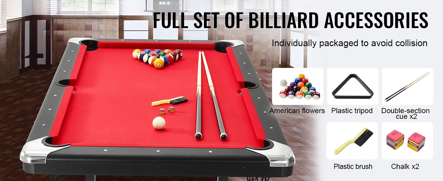 Rode VEVOR biljarttafel met volledige set accessoires, waaronder keuen, ballen, statief, borstel en krijt.