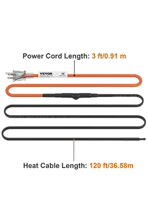 Cable calefactor de tubería VEVOR con cable de alimentación de 3 pies y cable calefactor de 120 pies etiquetado en naranja y negro.