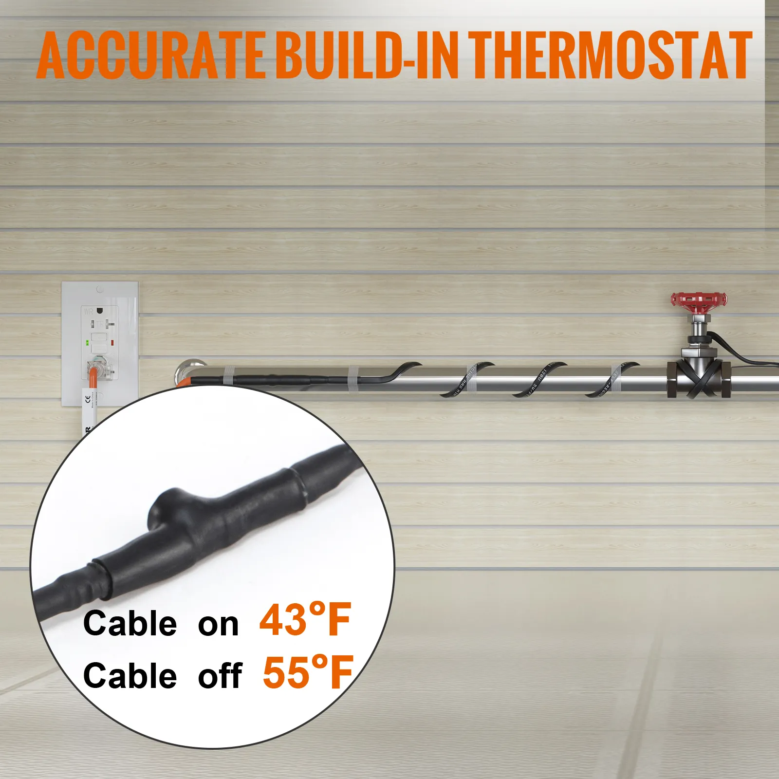 Cable calefactor de tubería VEVOR con termostato, se activa a 43 °F, se desactiva a 55 °F, mostrando la instalación.