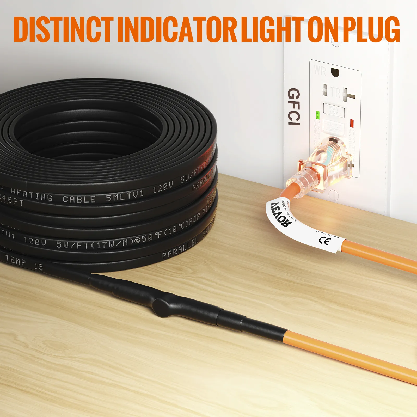 Cable calefactor de tubería VEVOR enrollado sobre una superficie de madera con luz indicadora de enchufe conectado a una toma GFCI.