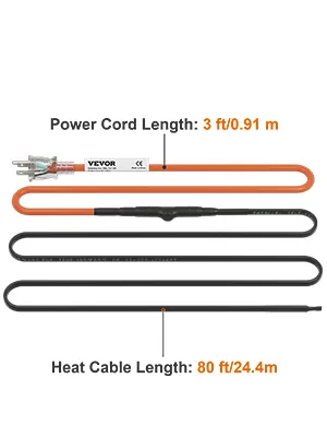 Cable calefactor de tubería VEVOR con cable de alimentación de 3 pies y longitud de cable calefactor de 80 pies, diseño naranja y negro.