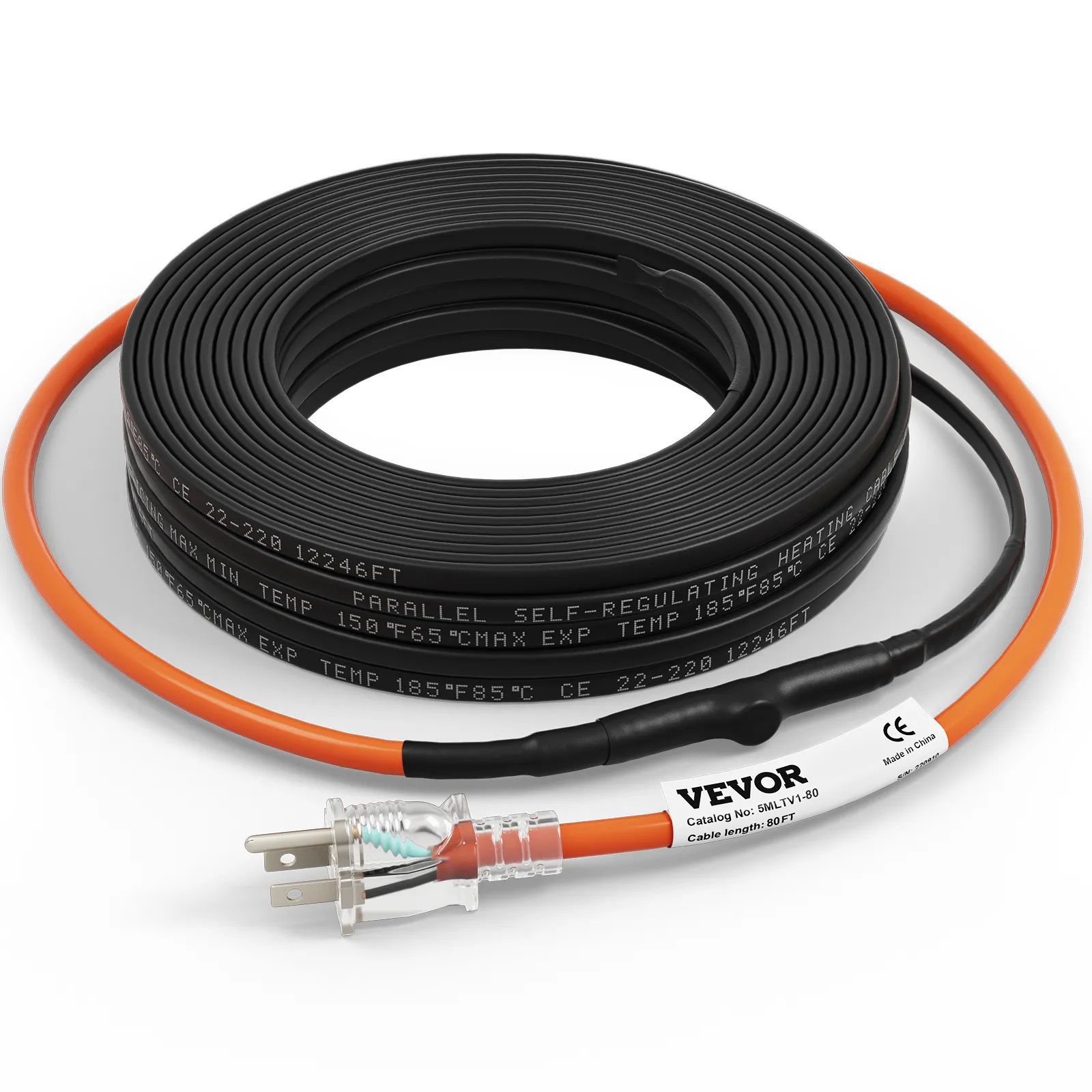 Cable calefactor para tuberías VEVOR, bobina negra autorregulable de 80 pies con enchufe naranja y conector transparente.