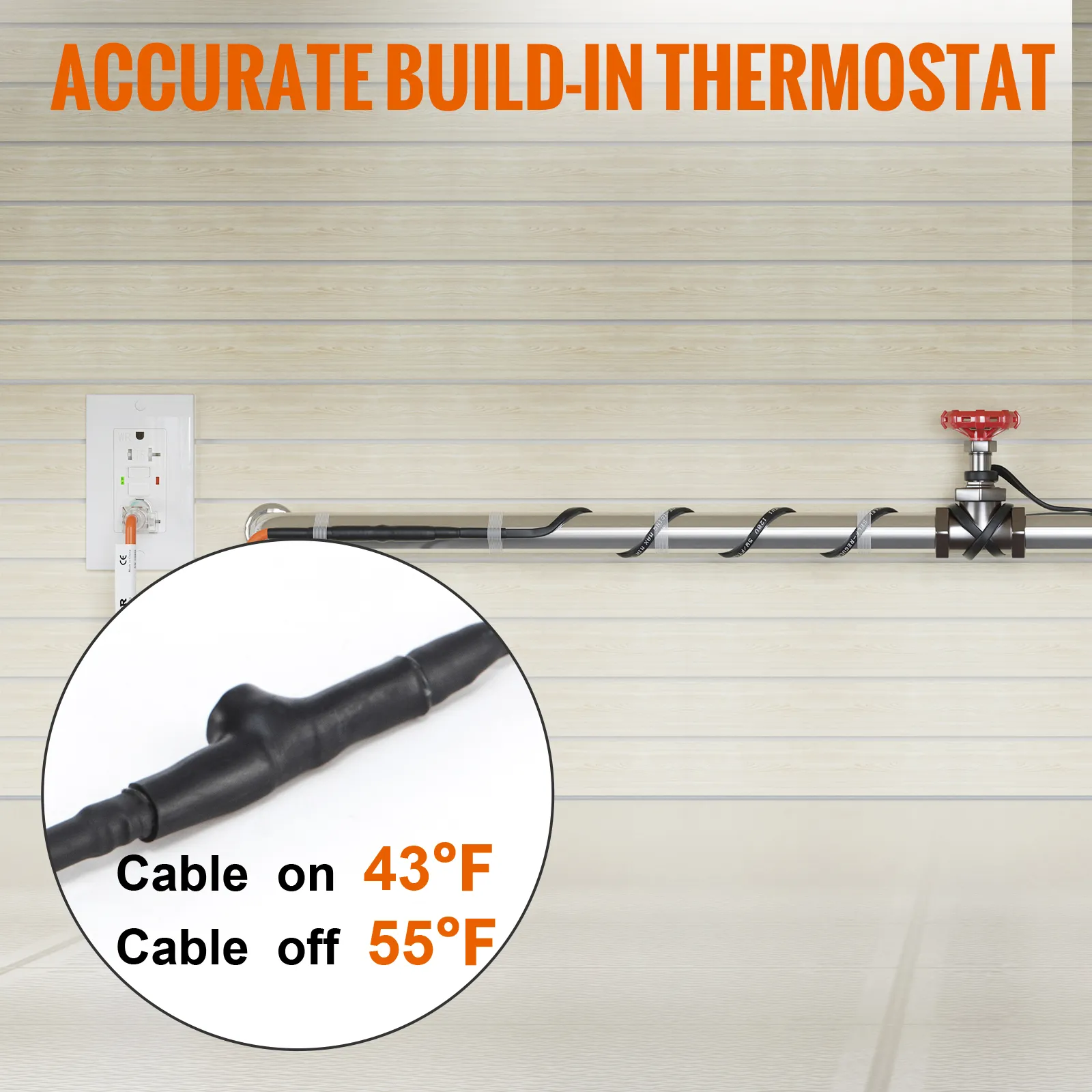 Cable calefactor de tuberías VEVOR con termostato incorporado de precisión, activación del cable a 43 °F, desactivación a 55 °F.