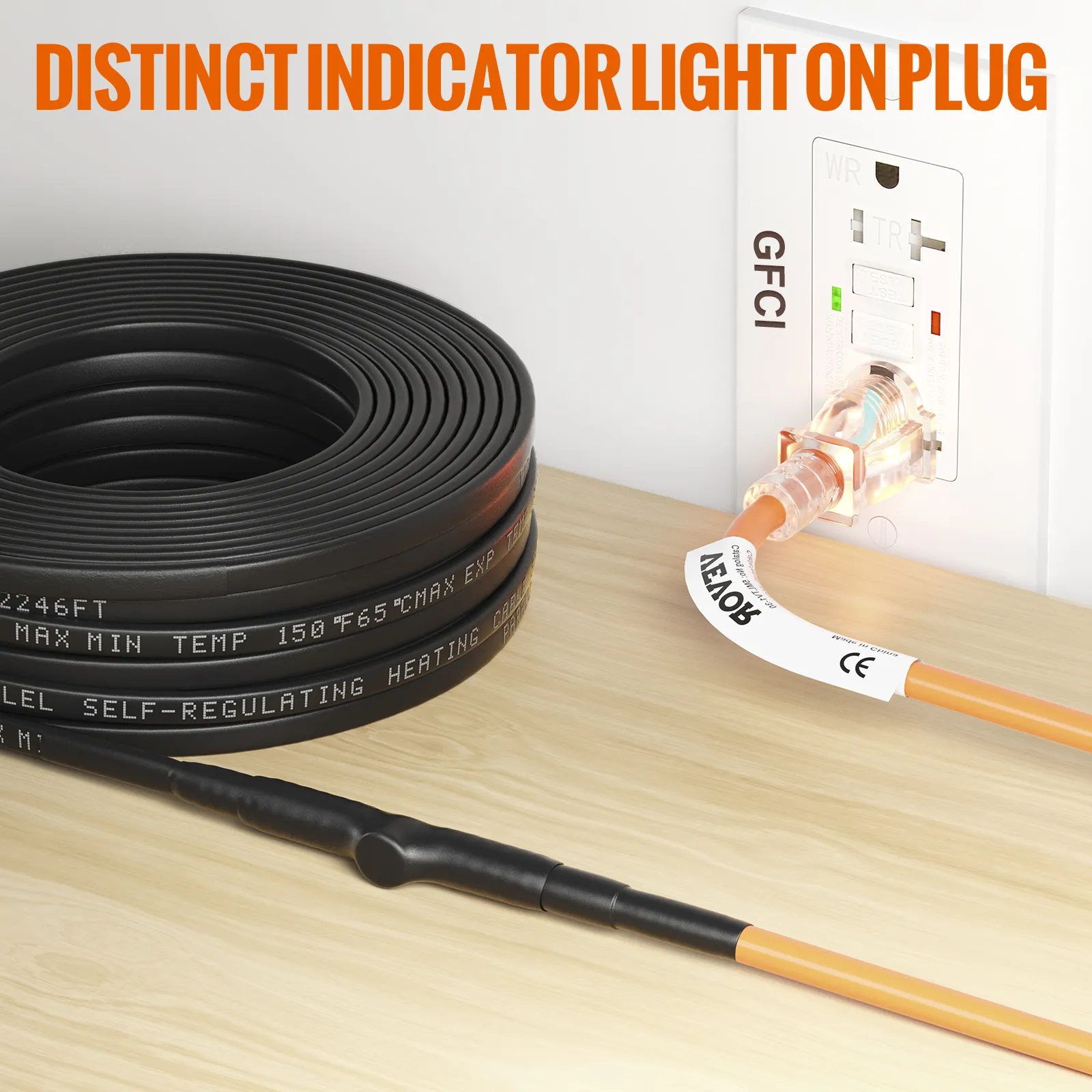 Cable calefactor de tubería VEVOR con luz indicadora de enchufe conectado a toma GFCI, enrollado sobre superficie de madera.