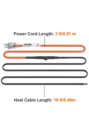 Cable calefactor de tubería VEVOR, cable de alimentación de 3 pies, longitud de cable calefactor de 18 pies.