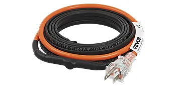 Cable calefactor para tuberías VEVOR, negro y naranja, con enchufe y conector transparente.