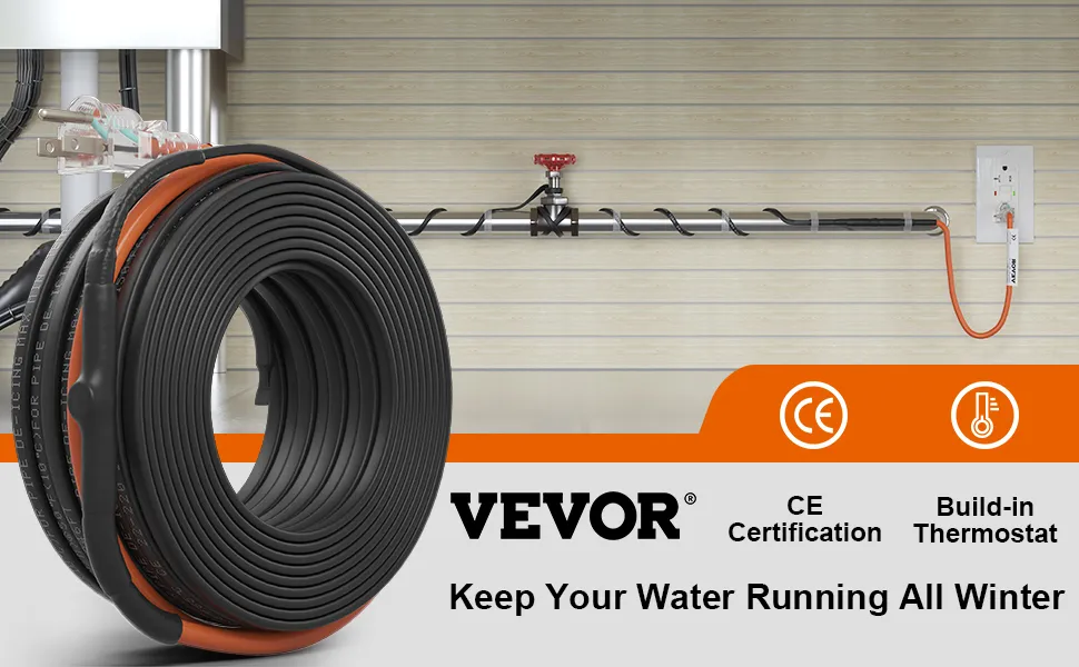 VEVOR pipe heating cable, ce certified, built-in thermostat, ensures water flow during winter.