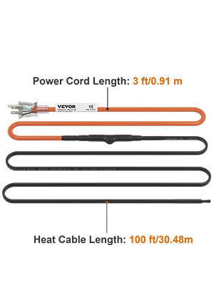 VEVOR pipe heating cable with 3 ft power cord and 100 ft heat cable lengths shown.