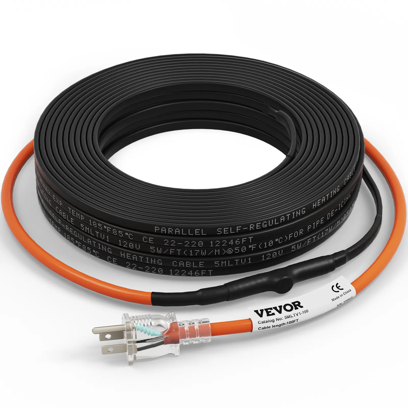 VEVOR pipe heating cable, black coil with orange plug, designed for temperature regulation and ice prevention.