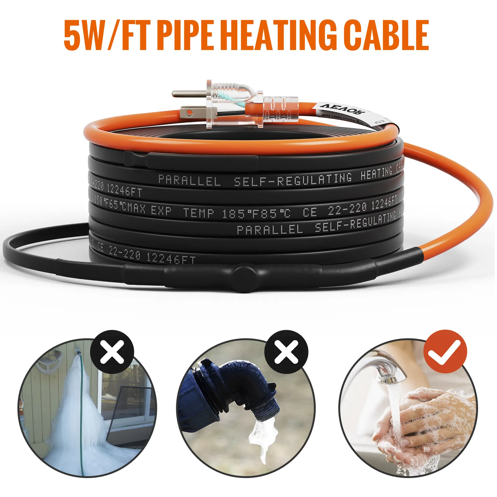 VEVOR pipe heating cable, 5w/ft, self-regulating, prevents frozen pipes, ensures water flow.