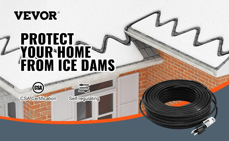 VEVOR pipe heating cable prevents ice dams on roof, csa certified, self-regulating cable in coil.