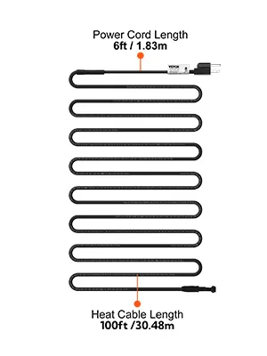 VEVOR pipe heating cable with 6ft power cord and 100ft heat cable, showcased with lengths in ft/meters.