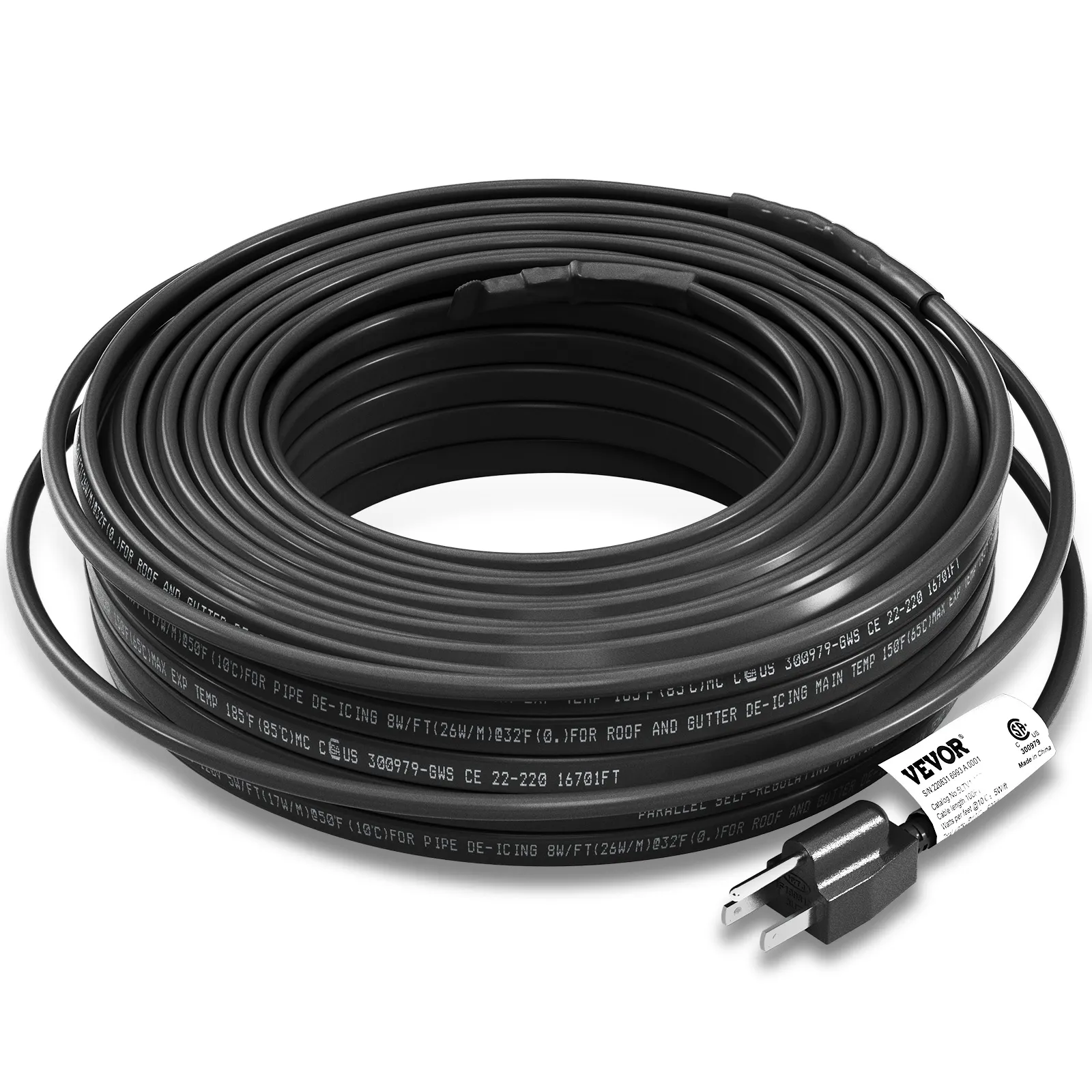 VEVOR pipe heating cable coiled, ready for installation with plug and safety label visible.