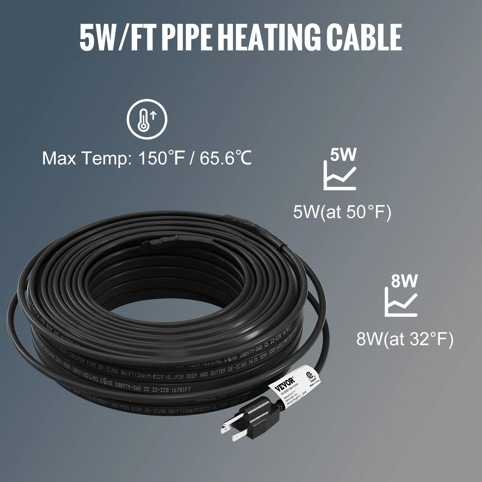 VEVOR pipe heating cable, 5w/ft, max temp 150°f, suitable for 50°f and 32°f, coiled black cable with plug.