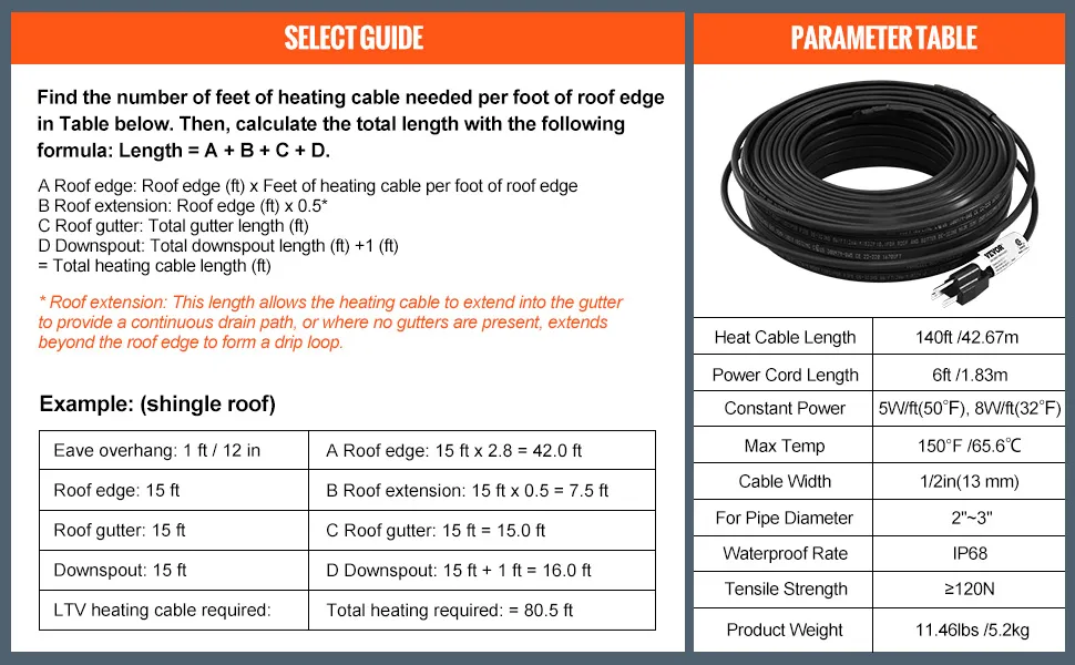VEVOR pipe heating cable guide and parameter table with product details and example calculation.