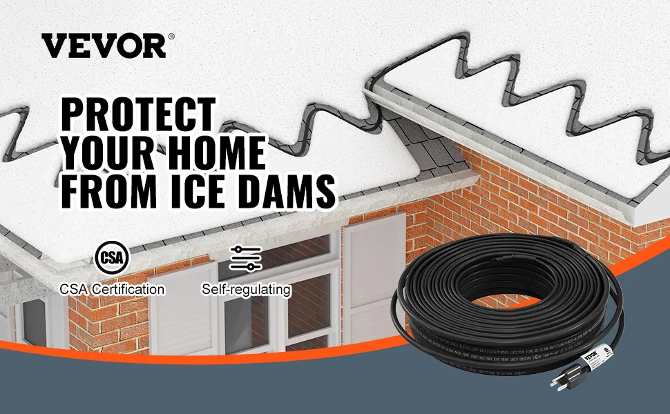 VEVOR pipe heating cable protecting home from ice dams, csa certification, self-regulating features.