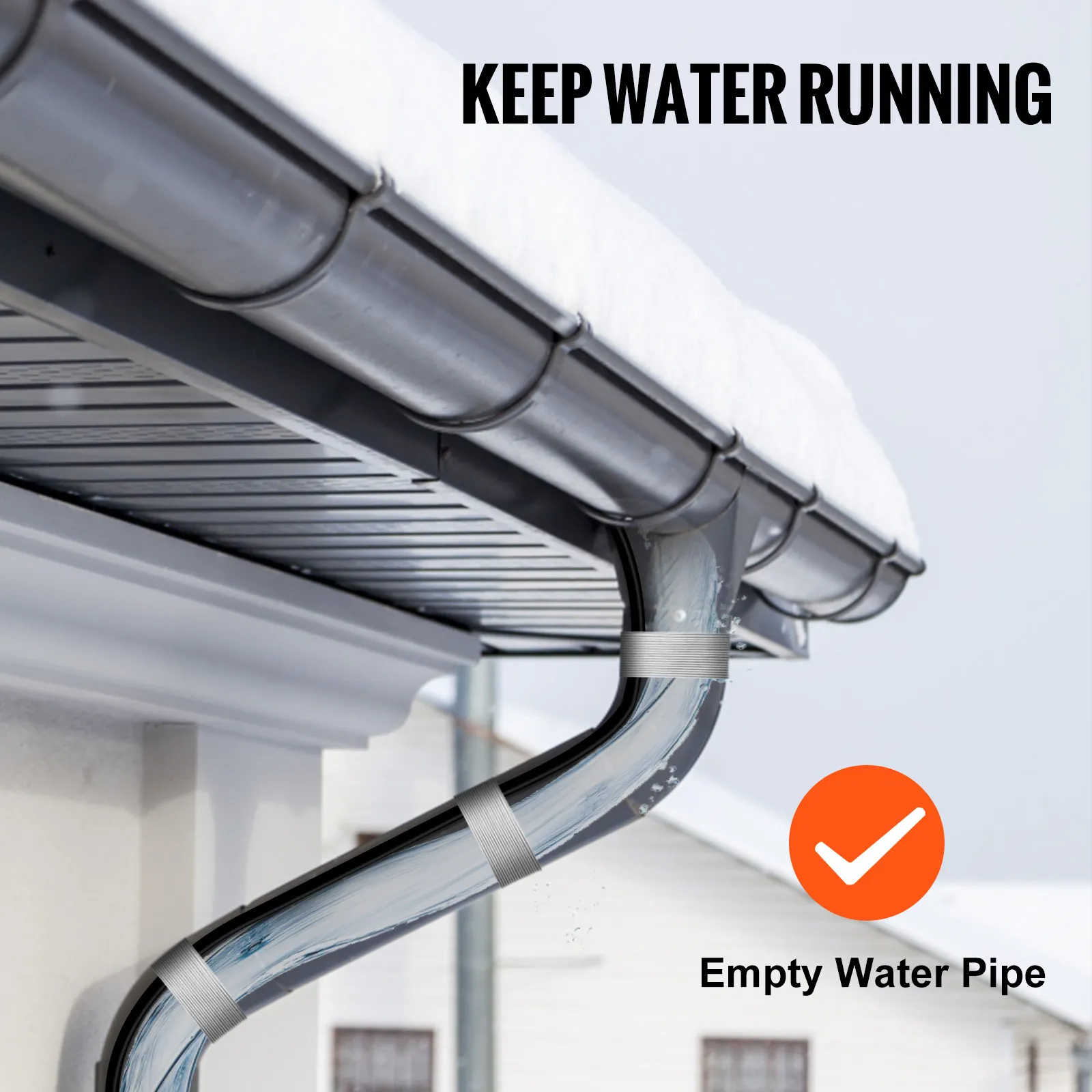 gutter with snow and insulated pipe showing VEVOR pipe heating cable and "keep water running" text.